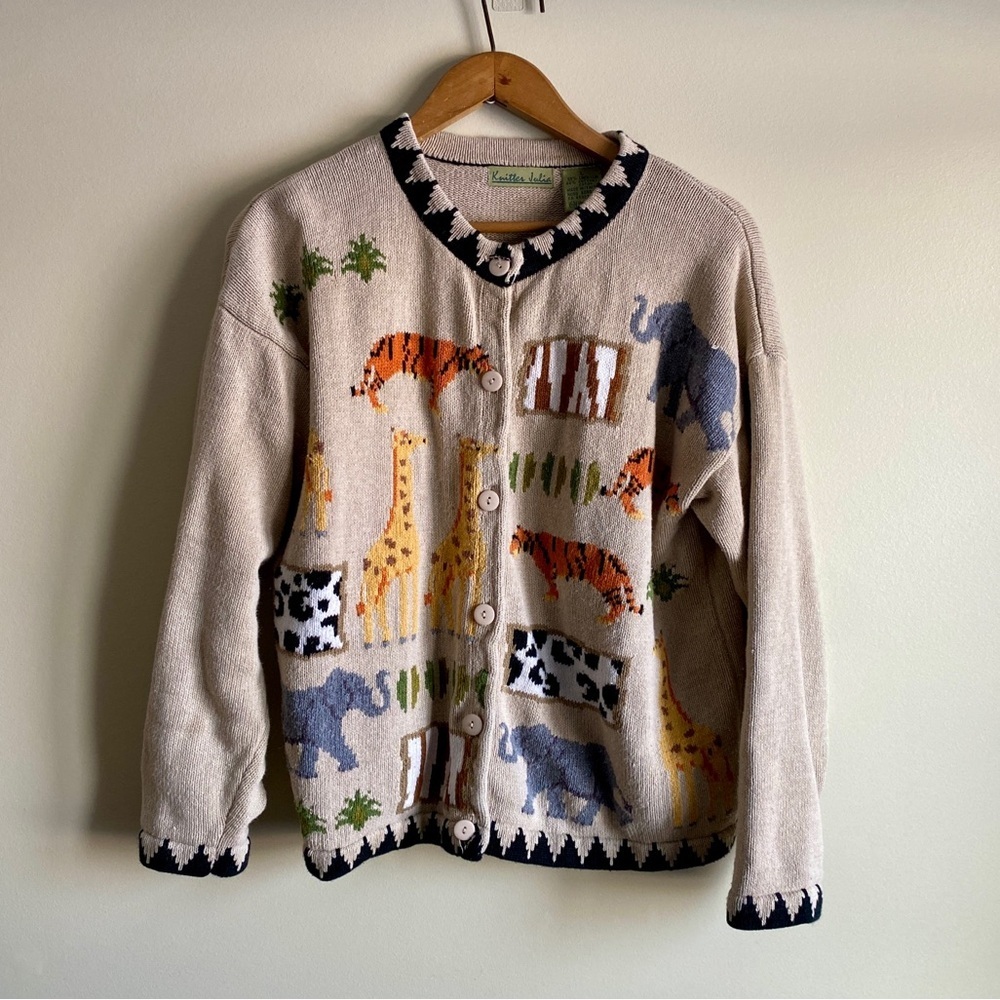 Vintage Embroidered Safari Animals Button-Up Cardigan Linen Cotton